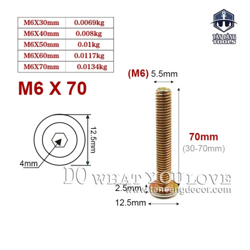 Bulong Lục Giác Chìm M6 x 70 mm – 25 Con